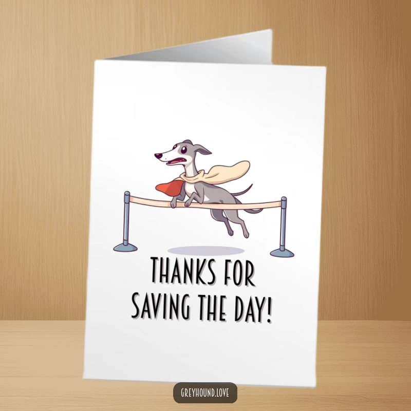 Funny Free Printable Thank You Card: A greyhound in a cape crosses a finish line, offering a grateful nod.