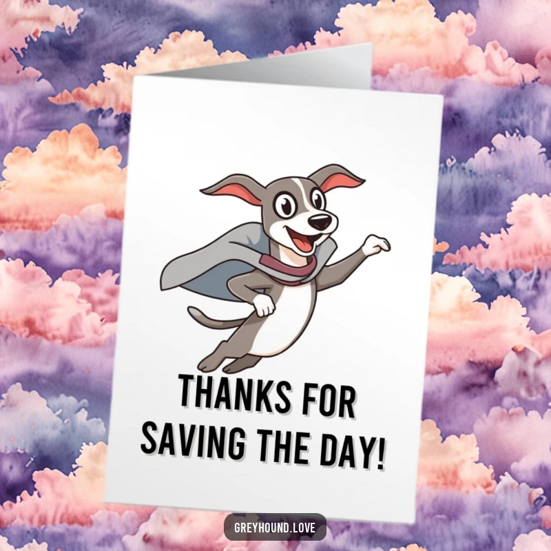 Funny Free Printable Thank You Card: Energetic Greyhound in Superhero Cape Leaping with Gratitude, Pure Excitement!