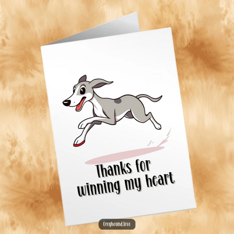 Funny Free Printable Thank You Card: greyhound in running shoes zooms past, expressing thanks with speed and joy.