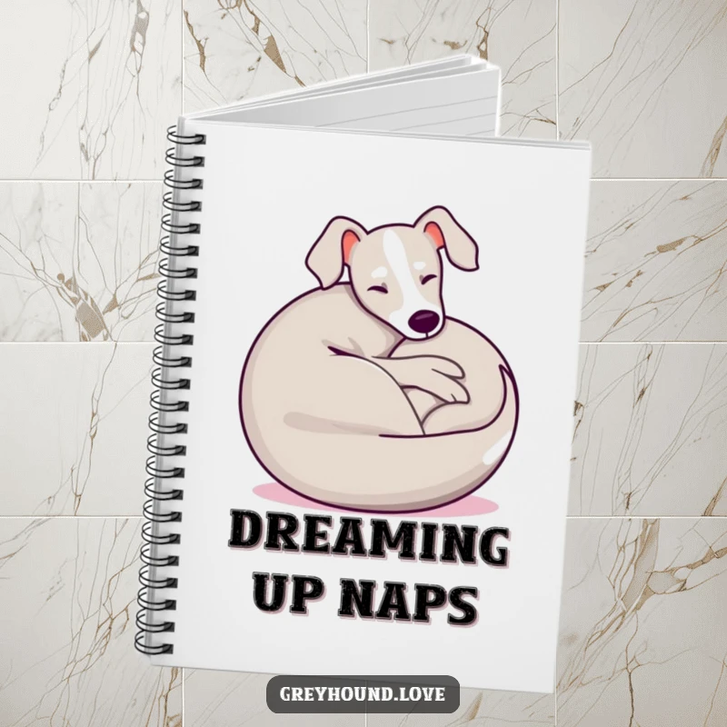 Funny Greyhound Notebook featuring a playful dog curled into a happy, relaxed ball, perfect for jotting down ideas humorously.