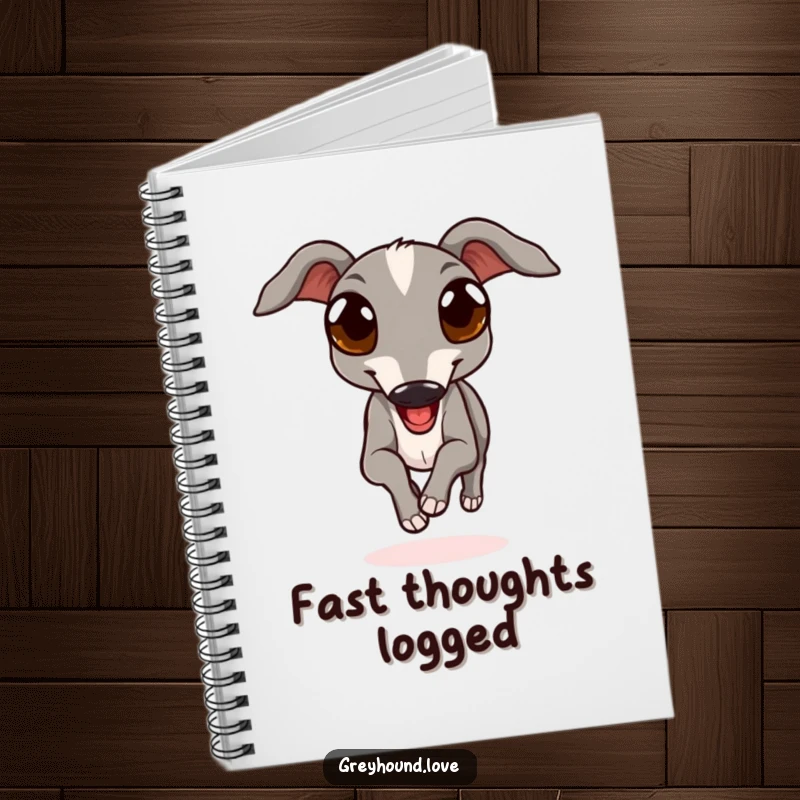 Funny notebook featuring a graceful greyhound with expressive eyes running joyfully, ideal for jotting down notes and ideas.