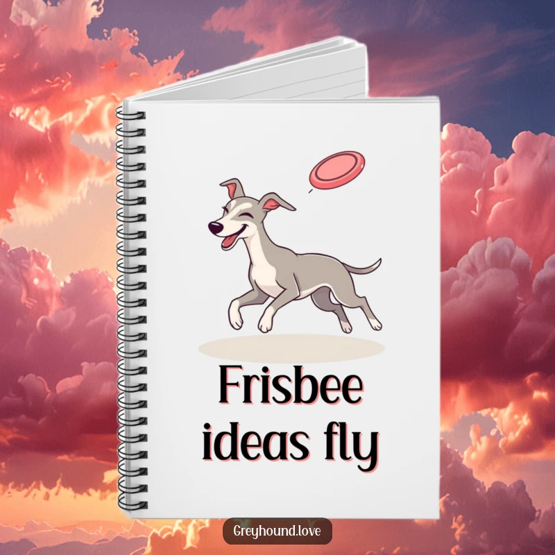 Funny NOTEBOOK: A greyhound winks playfully while catching a flying frisbee, ready to record your thoughts and ideas.
