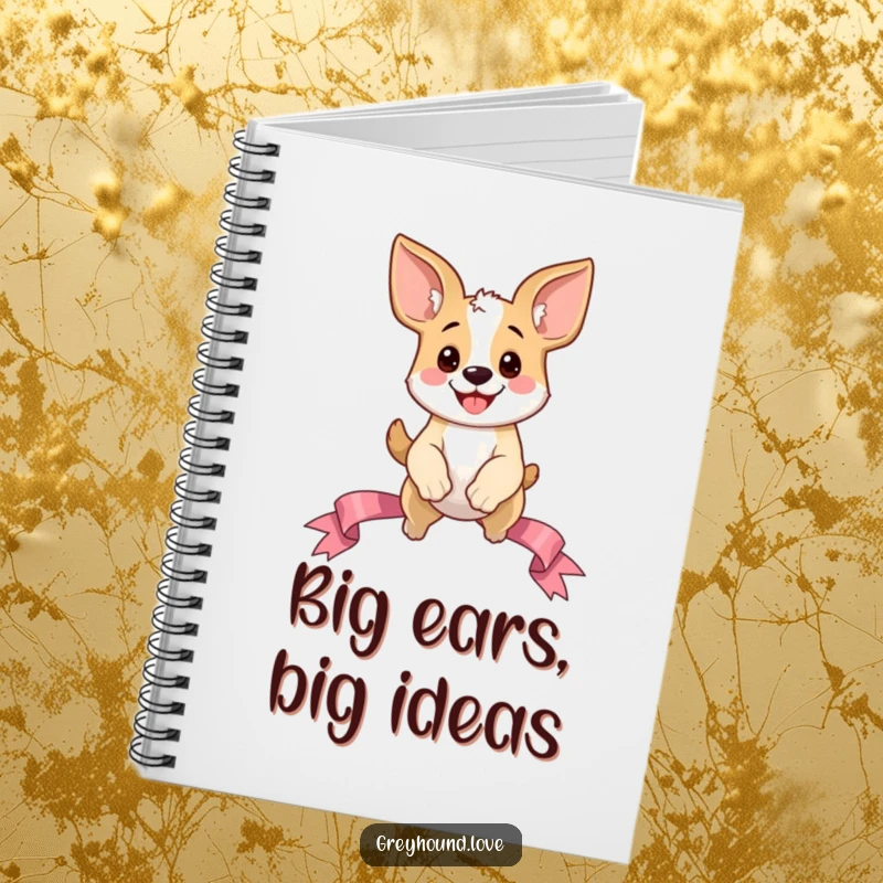Funny Dog Notebook: A happy dog character with oversized ears joyfully leaping over a ribbon, inspiring creativity and playful note-taking.
