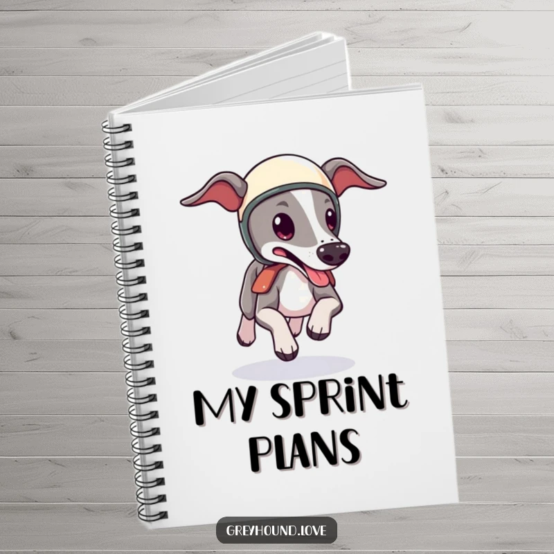Funny Greyhound Helmet Notebook: A cute greyhound in a tiny helmet zooms forward, tongue lolling, inspiring speedy note-taking and creative ideas.