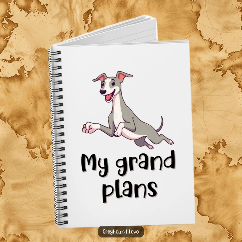 Funny greyhound notebook featuring a sleek dog with oversized paws leaping joyfully, great for jotting down ideas with canine humor.