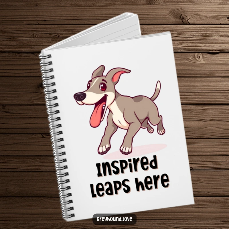 Funny notebook featuring a greyhound lunging forward with its tongue out, ideal for jotting down playful thoughts and ideas.