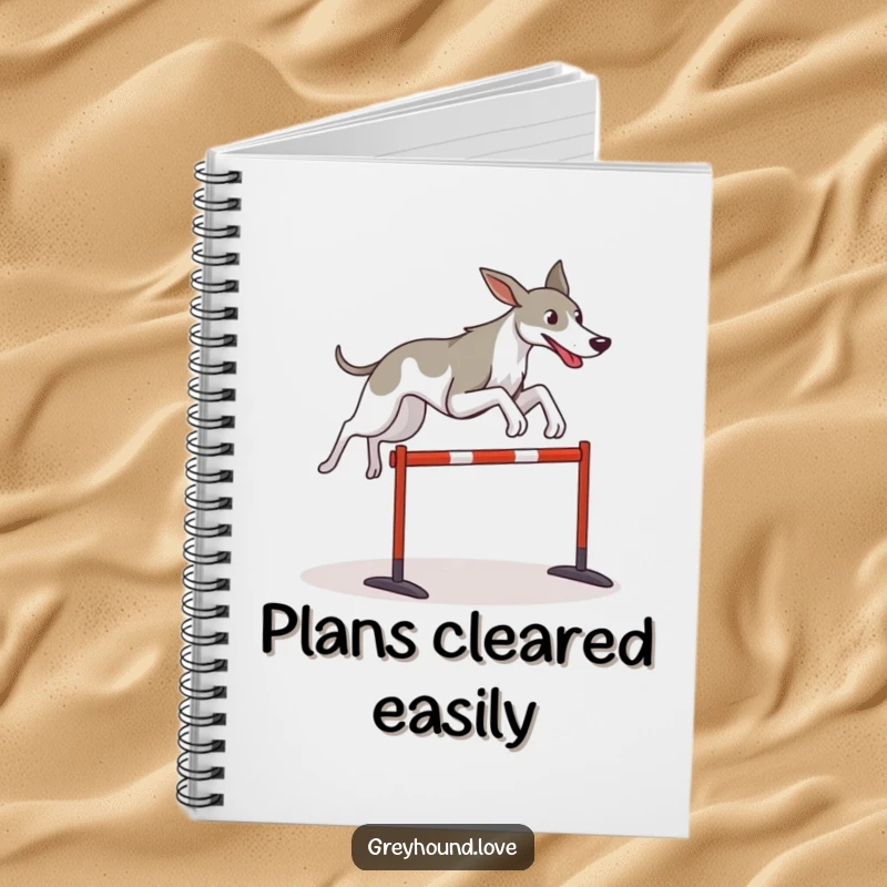 Funny Greyhound notebook featuring a stylized dog dynamically leaping over a hurdle, perfect for notes and inspiration.