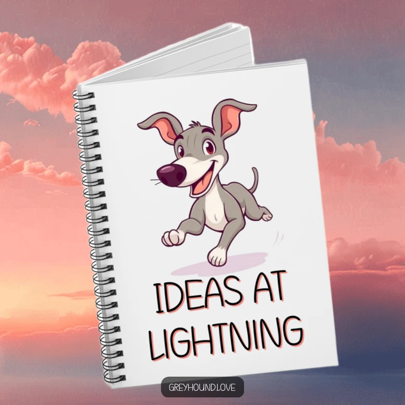 Funny Greyhound Notebook depicting a cartoonish dog zooming with a goofy grin, perfect for jotting down notes humorously.
