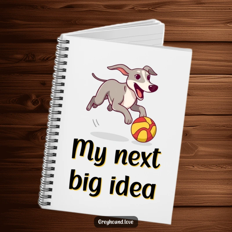 Funny Notebook with a greyhound excitedly chasing a colorful, stylized ball, ideal for notes and creative brainstorming.