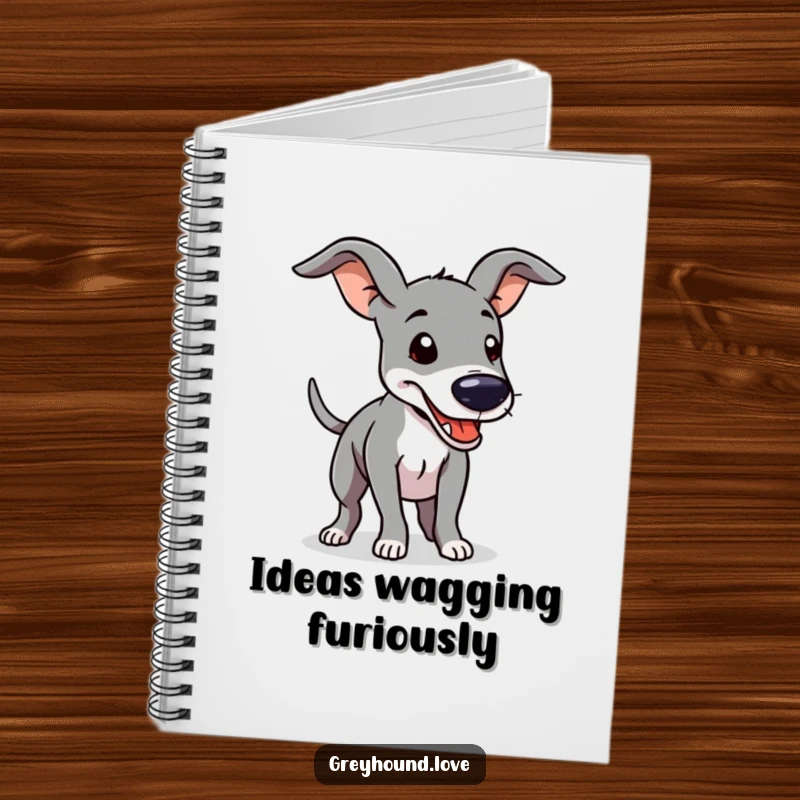 Funny Notebook showcasing a greyhound with floppy ears and a furiously wagging tail, ideal for notes and creative writing.