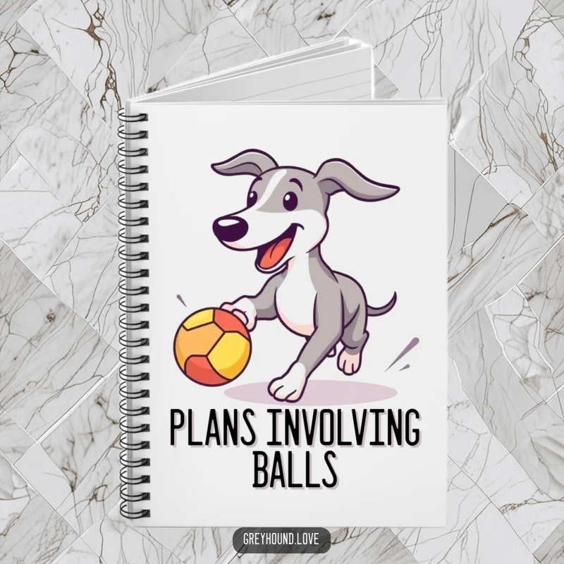 Funny Greyhound notebook featuring a happy dog energetically pursuing a bouncing ball, perfect for notes and inspiration.