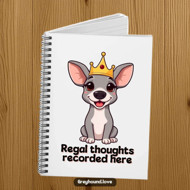 Funny notebook: A regal greyhound wearing a tiny crown, looking amused. Perfect for writing and sketching.