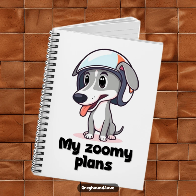 Funny notebook with a greyhound in a racing helmet, tongue lolling, ready to capture your ideas.