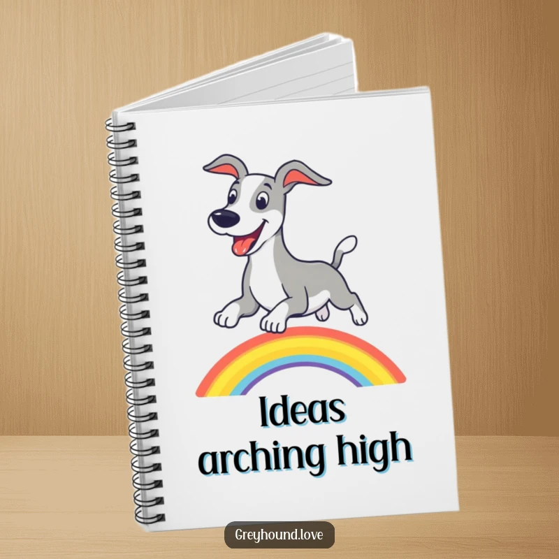 Funny greyhound rainbow notebook, perfect for journaling with a happy dog leaping over a colorful arc.