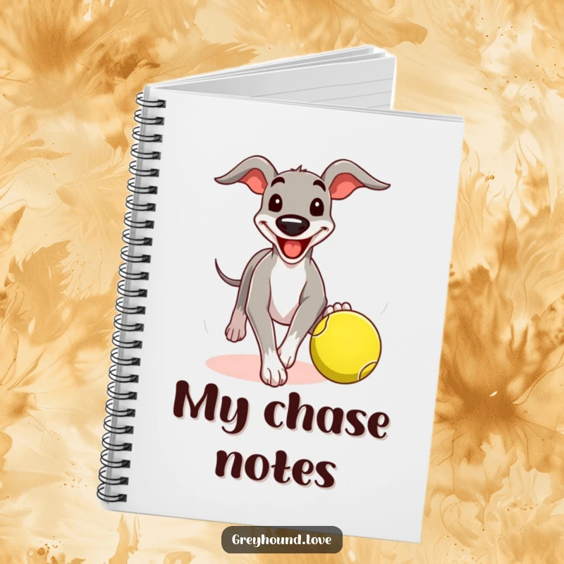 Funny greyhound notebook with a comical grin, chasing a tennis ball, great for jotting down ideas with fetch humor.