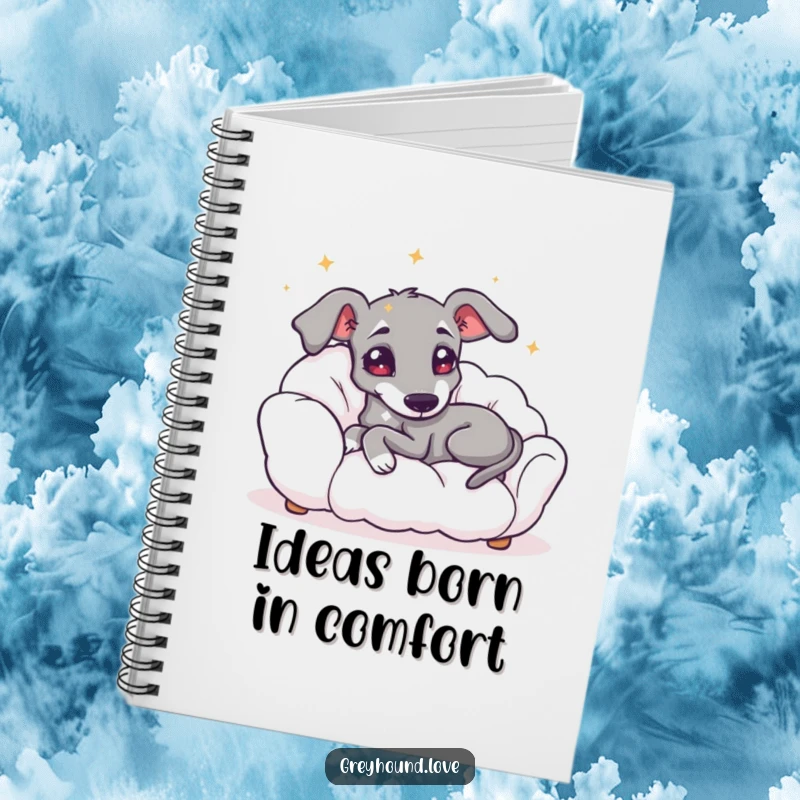 Funny notebook cover art of a greyhound with starry eyes lounging on a cloud, inspiring calm thoughts and creativity.