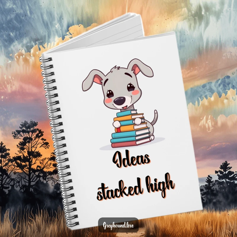Funny notebook featuring a joyful greyhound character balancing a stack of books on its nose, ideal for jotting down funny ideas.