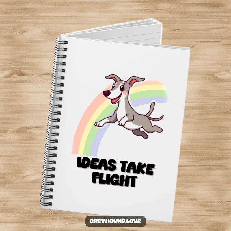Funny notebook with an excited greyhound character leaping over a colorful rainbow with a happy grin.