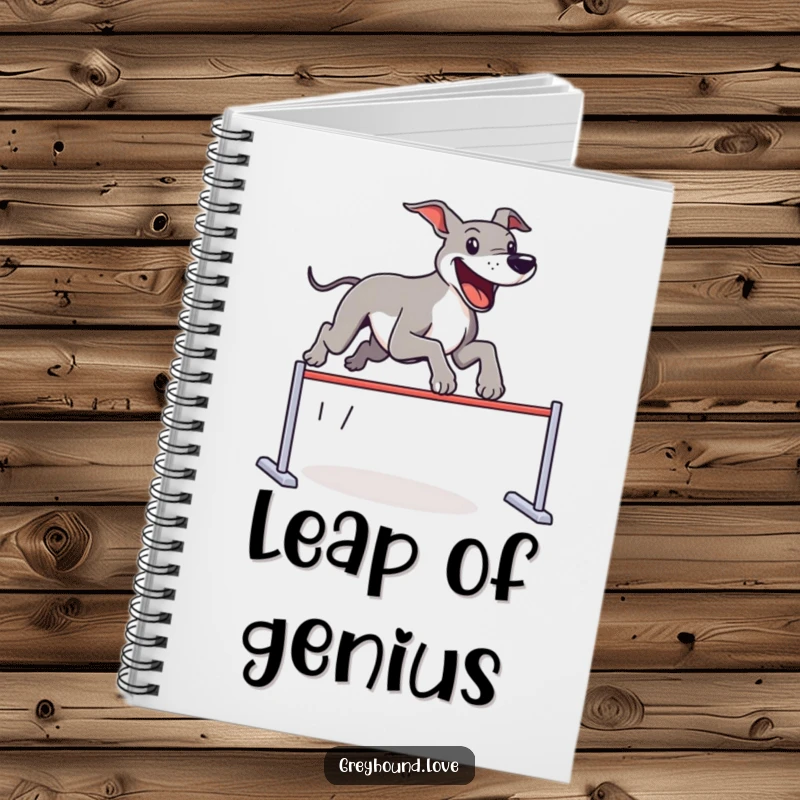 Funny Notebook with a greyhound joyfully leaping an invisible hurdle, perfect for capturing notes and ideas with a humorous touch.