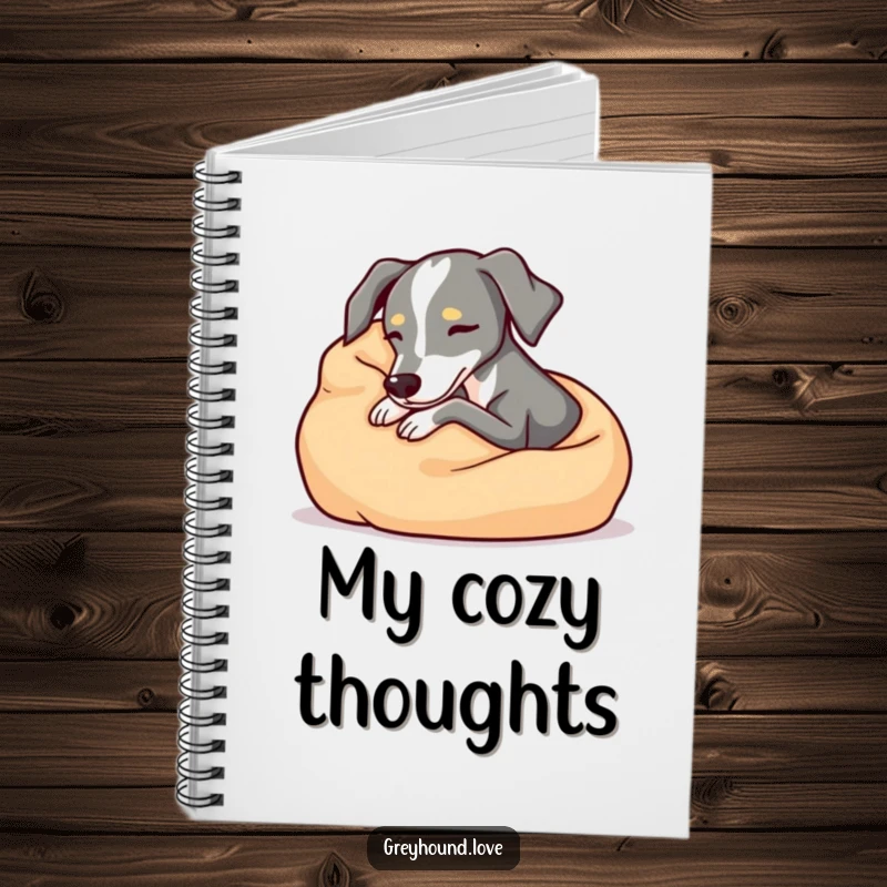 Cozy greyhound notebook, snuggling comfortably in a soft blanket, relaxed and cute stationery, perfect funny gift for jotting notes.