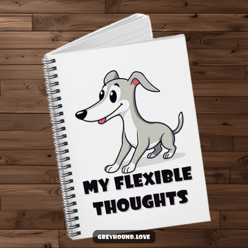 Funny Greyhound notebook featuring a cute character gracefully stretching with a smile, perfect for journaling and notes.