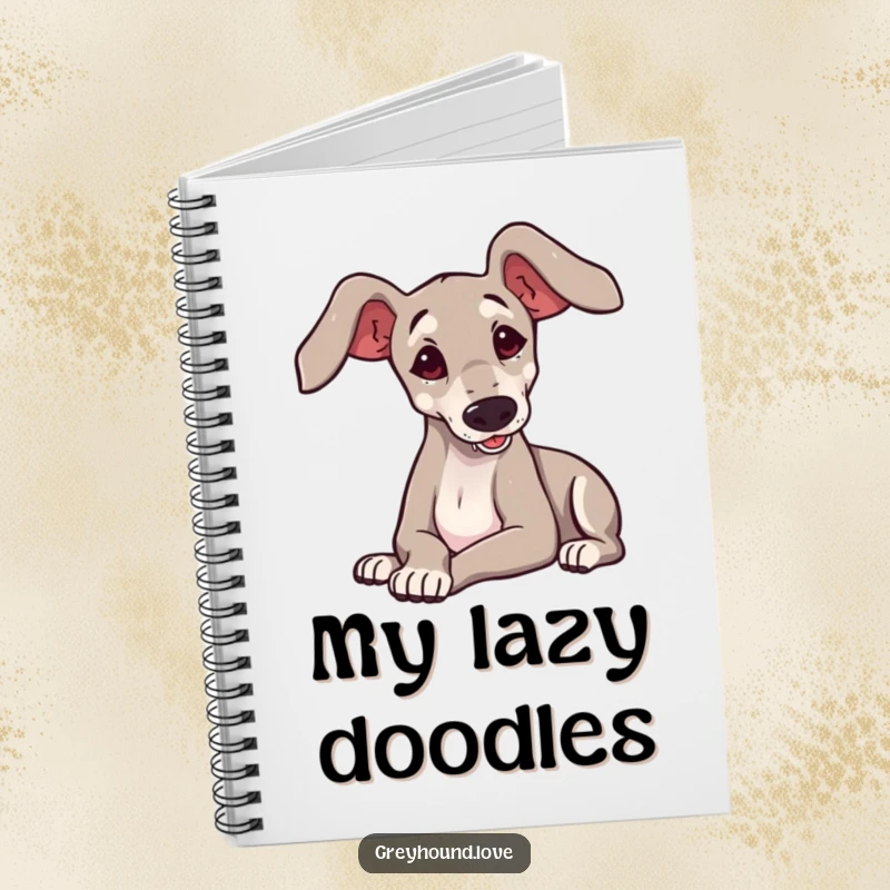 Funny greyhound with large ears flopping playfully, featured on the cover of a notebook.