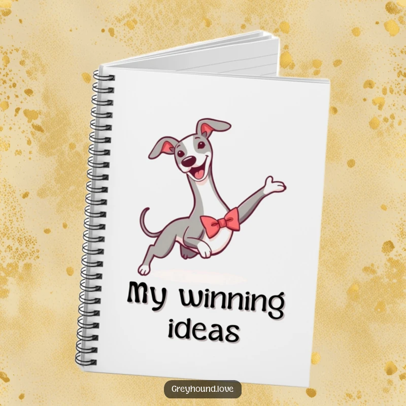 Funny notebook cover with a greyhound in a bowtie, in the midst of a triumphant slide, ready for your notes.