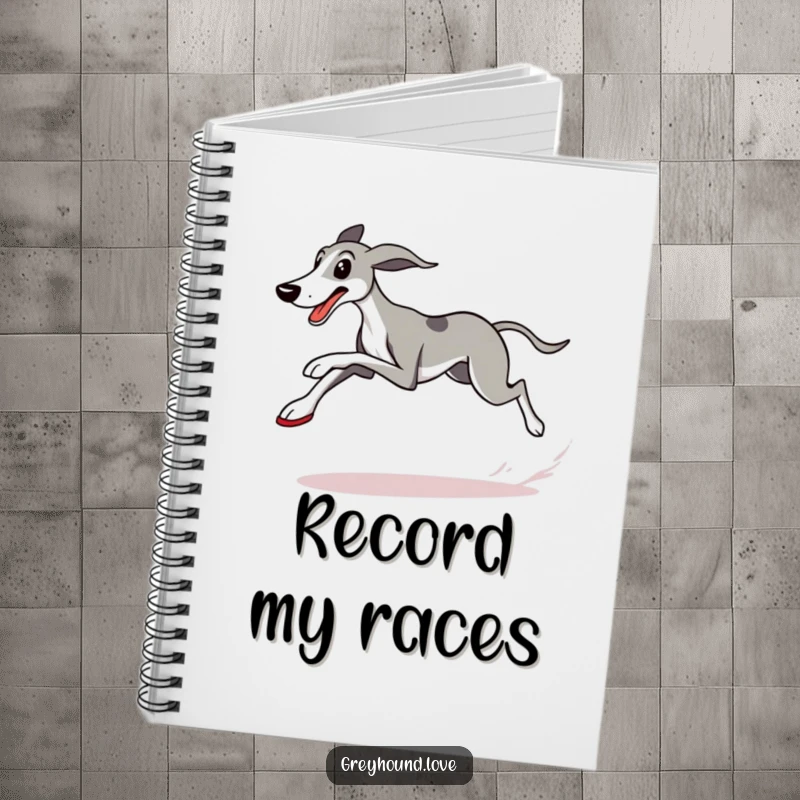Funny Greyhound Notebook with a determined dog in running shoes, crossing a checkered flag, ready to record speedy thoughts.