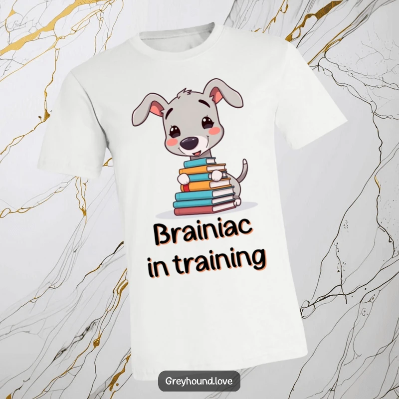 Funny t-shirt with a happy greyhound character balancing a stack of books on its nose, illustrating a comical scene of studious silliness.