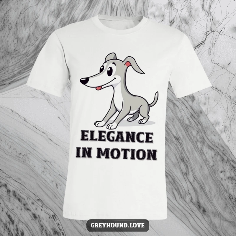 Funny Greyhound t-shirt showcasing a cute character in an elegant, smiling stretch, radiating grace and contentment.
