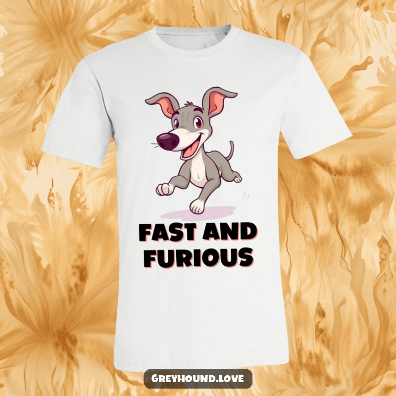 Funny Greyhound T-Shirt depicting a cartoonish greyhound in mid-zoom with an exaggerated, goofy grin, conveying pure excitement.