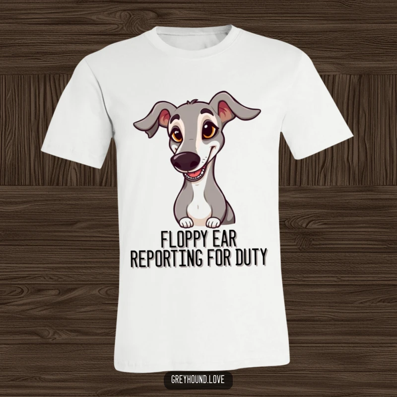 Funny T-Shirt: A greyhound sporting a goofy expression and a floppy ear gives a comical salute, perfect for dog lovers.
