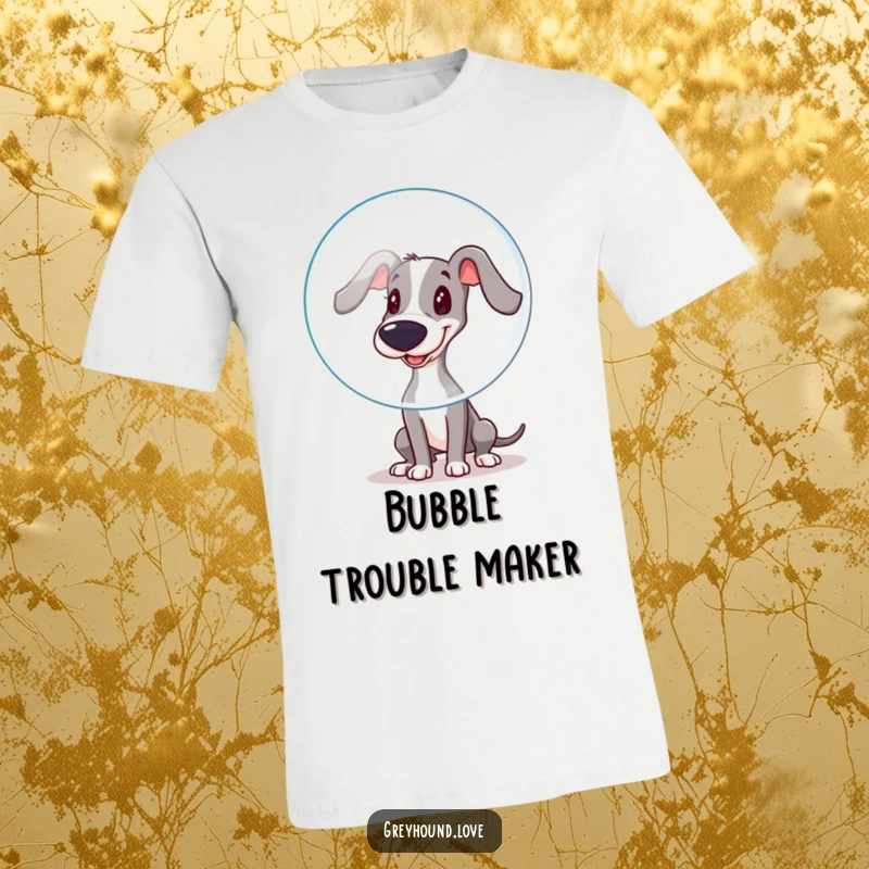 Funny T-Shirt: A happy greyhound playfully boops a big, iridescent bubble with its wet nose, looking adorable.