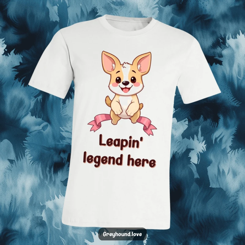 Funny Dog T-Shirt: A happy dog character with giant ears joyfully leaping over a ribbon, radiating playful energy and canine charm.