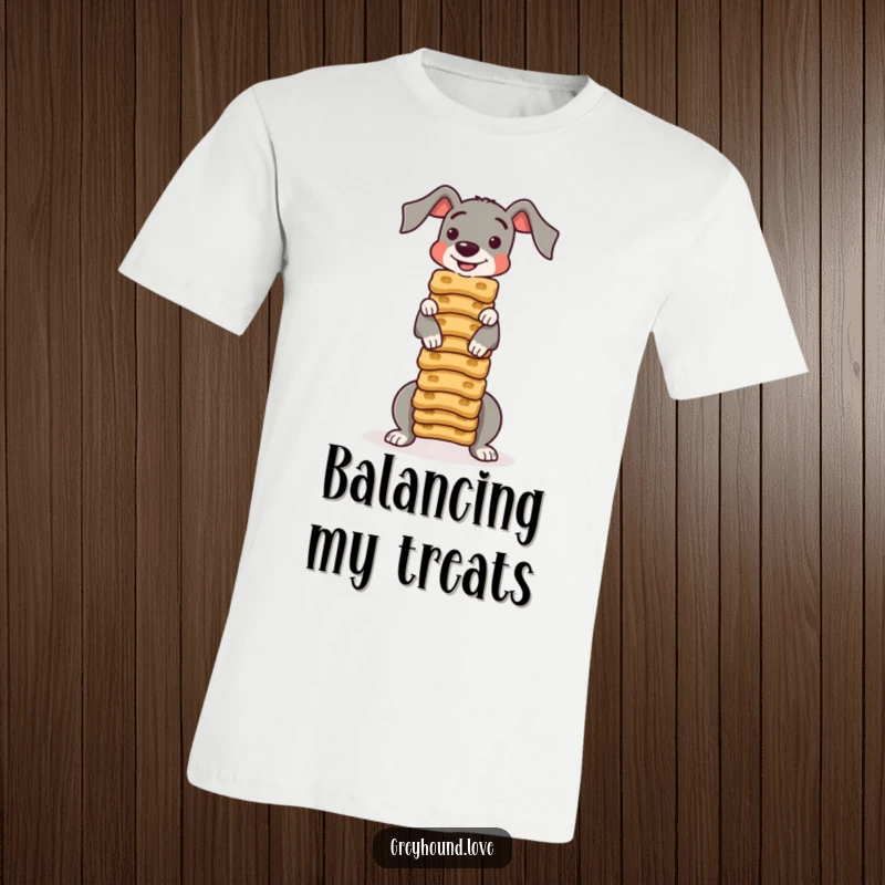Funny T-Shirt: A greyhound displays amazing balance, precariously stacking numerous dog biscuits on its snout. Hilarious!