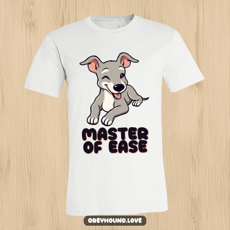 Funny t-shirt depicting a stylized greyhound stretching languidly with a happy, contented smile, radiating peaceful vibes.
