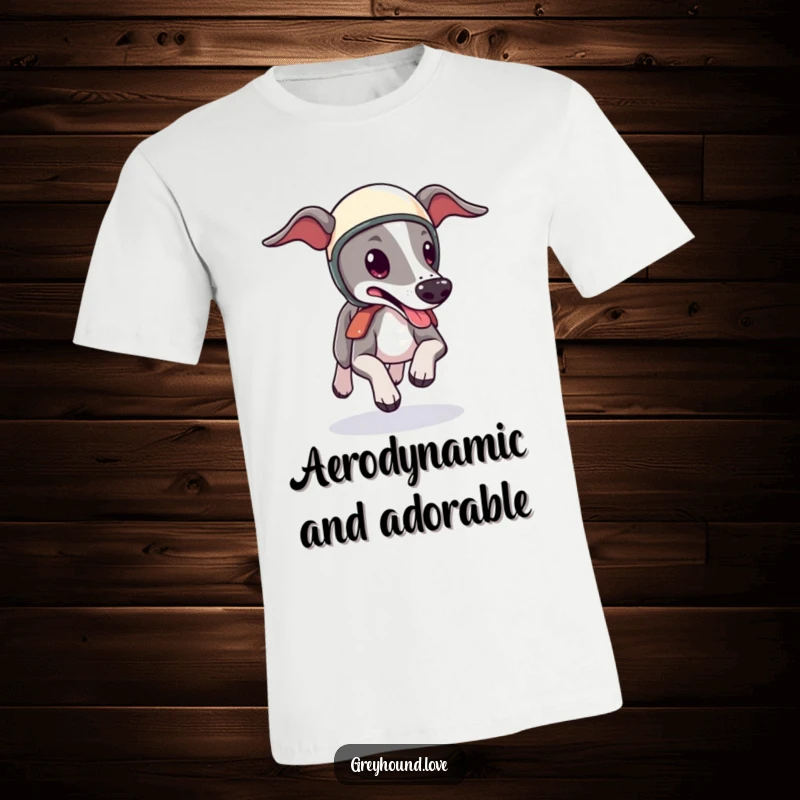 Funny Greyhound Helmet T-Shirt: A sleek, cute greyhound in a tiny helmet zooms forward, tongue lolling, showcasing pure joy and speed.
