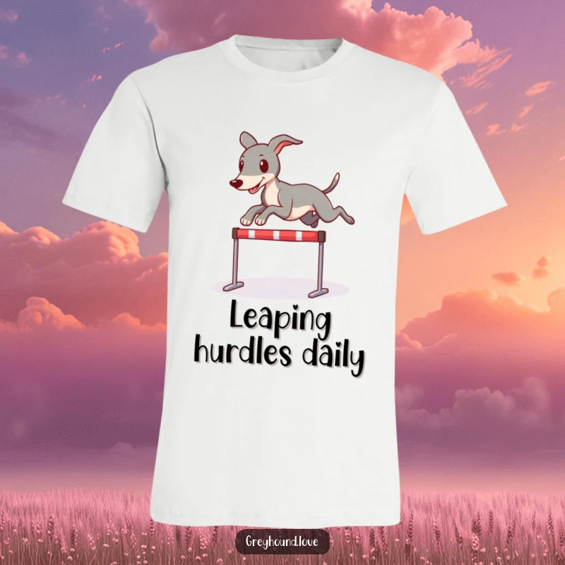 Funny t-shirt featuring a greyhound character playfully clearing a tiny hurdle with grace and speed, a must-have for dog lovers.