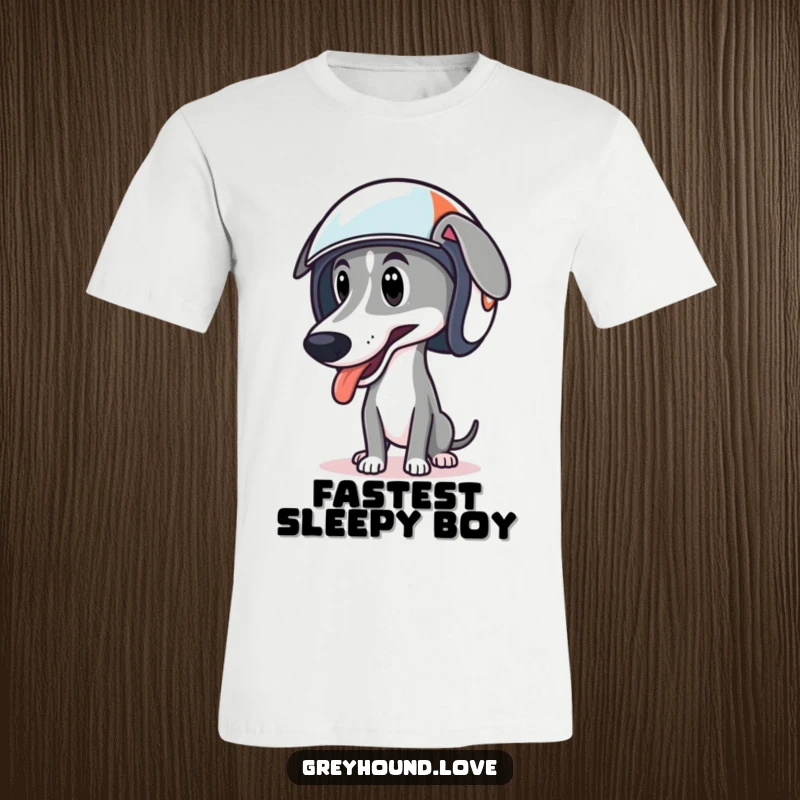 Funny t-shirt depicting a greyhound in a racing helmet, tongue lolling out in a joyous, speedy manner.