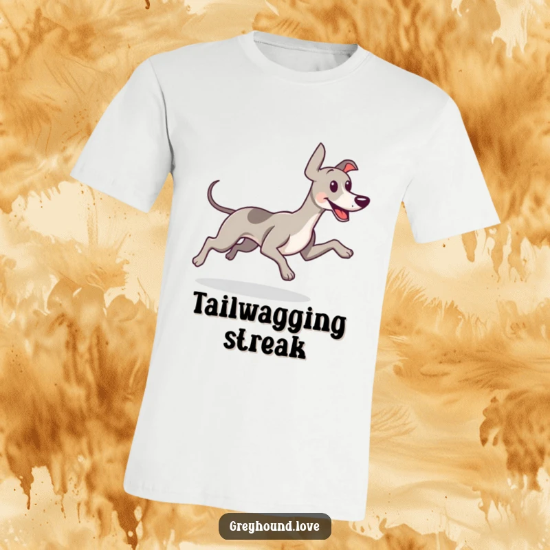 Funny t-shirt depicting a greyhound in full stride, tail wagging with pure bliss, embodying speed and happiness.