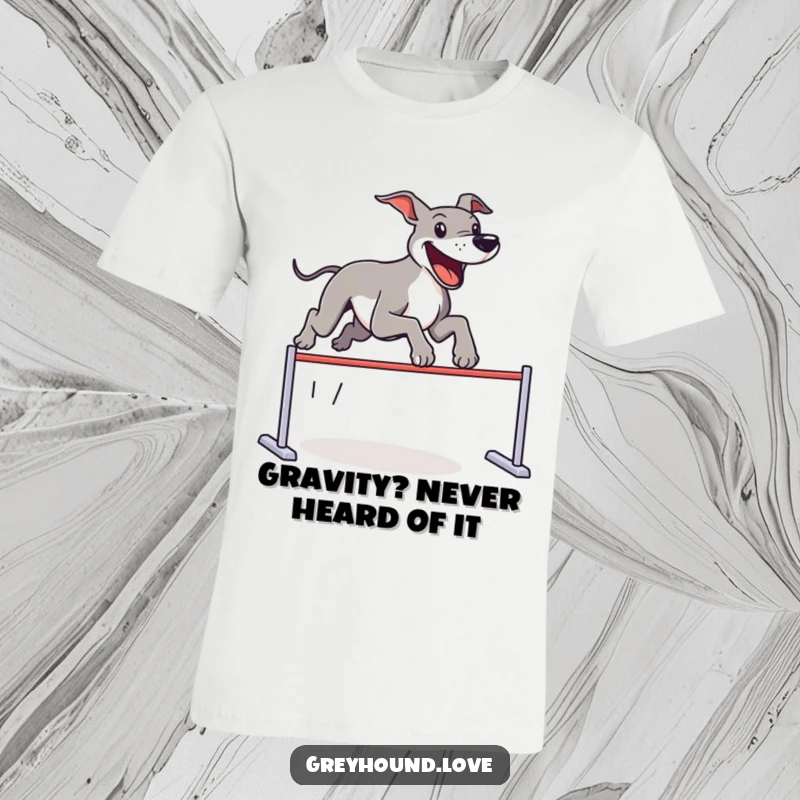 Funny T-Shirt showcasing a greyhound mid-air, joyfully leaping an invisible hurdle with an ecstatic expression, perfect for dog enthusiasts.