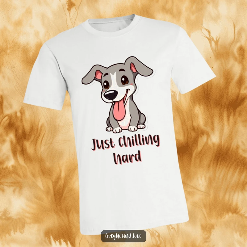 Funny Greyhound T-Shirt: Energetic dog performing a playful zoomie with legs comically splayed in mid-air, capturing pure canine exuberance.
