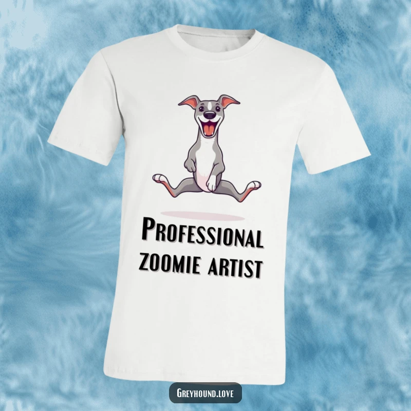 Funny Greyhound T-Shirt showcasing a greyhound performing a hilarious zoomie with legs comically splayed, radiating pure, unadulterated happiness.