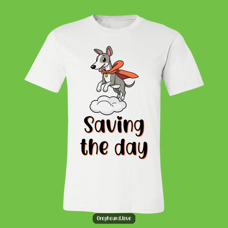 Funny Superhero Greyhound Leaping T-Shirt - Dramatic & Comical Hero Wear