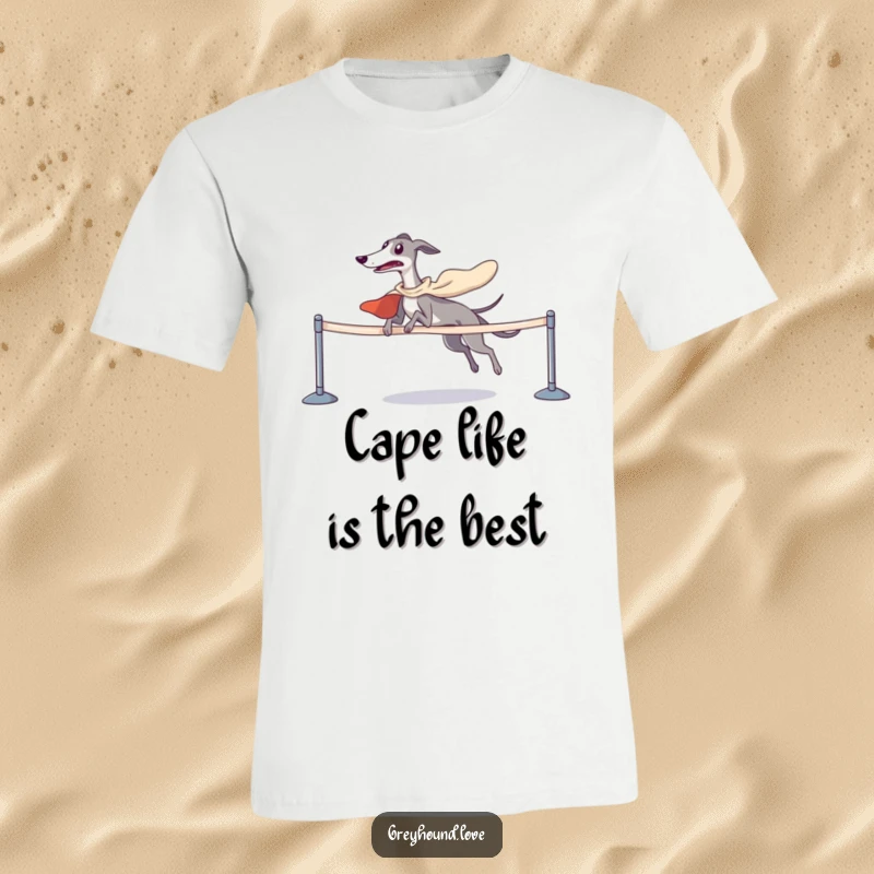 Funny greyhound in a cape, heroically winning a race, looking joyful and triumphant, great for humor lovers.