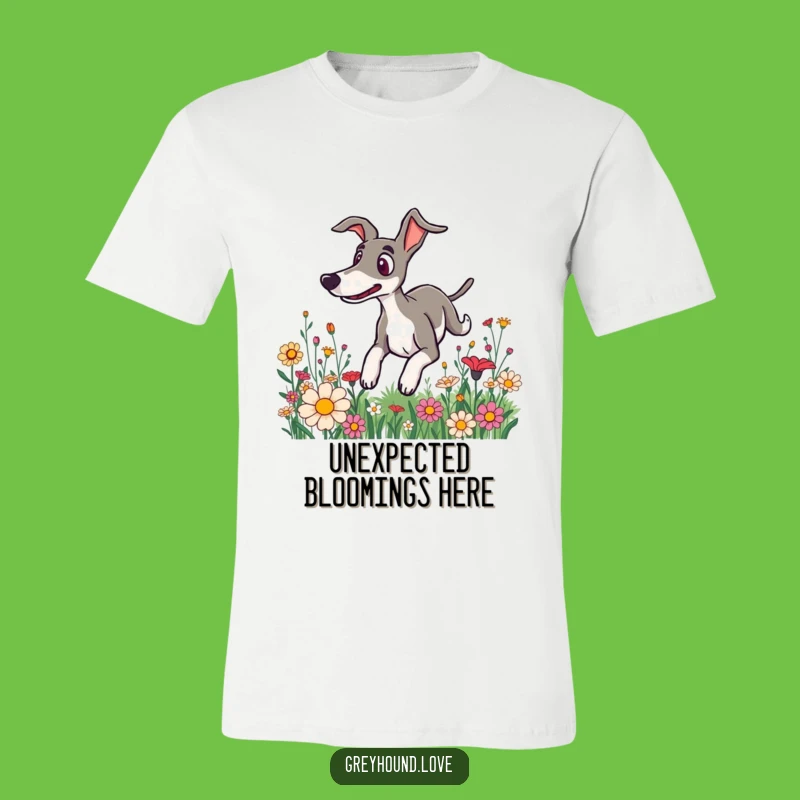Funny Surprised Greyhound Flower T-Shirt - Comical & Whimsical Wear