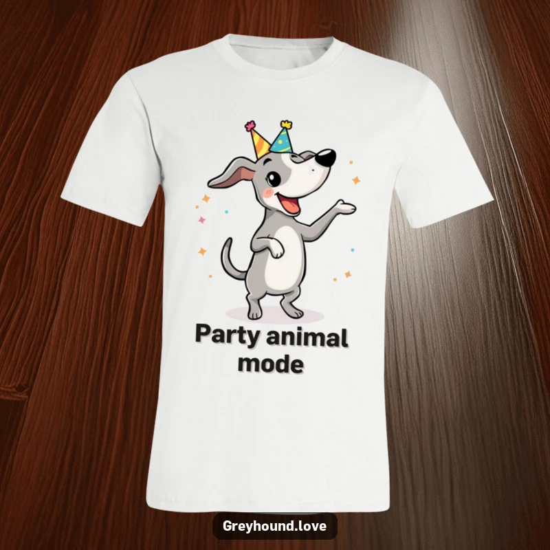 Funny T-Shirt: A greyhound with a party hat grooves happily, displaying funny, energetic dance moves.