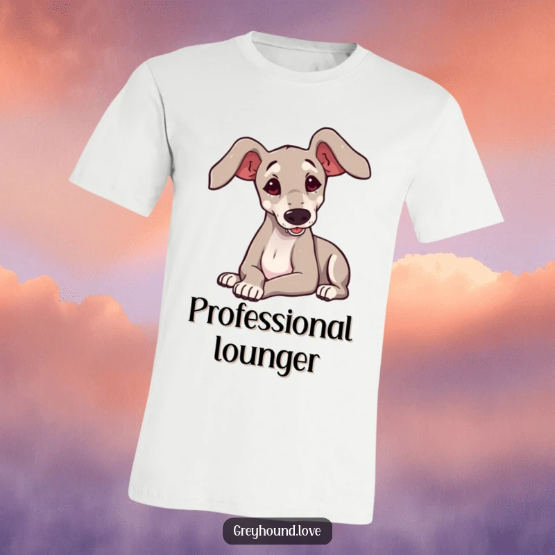 Funny greyhound with large ears playfully flopping onto its side, featured on a comfortable t-shirt.