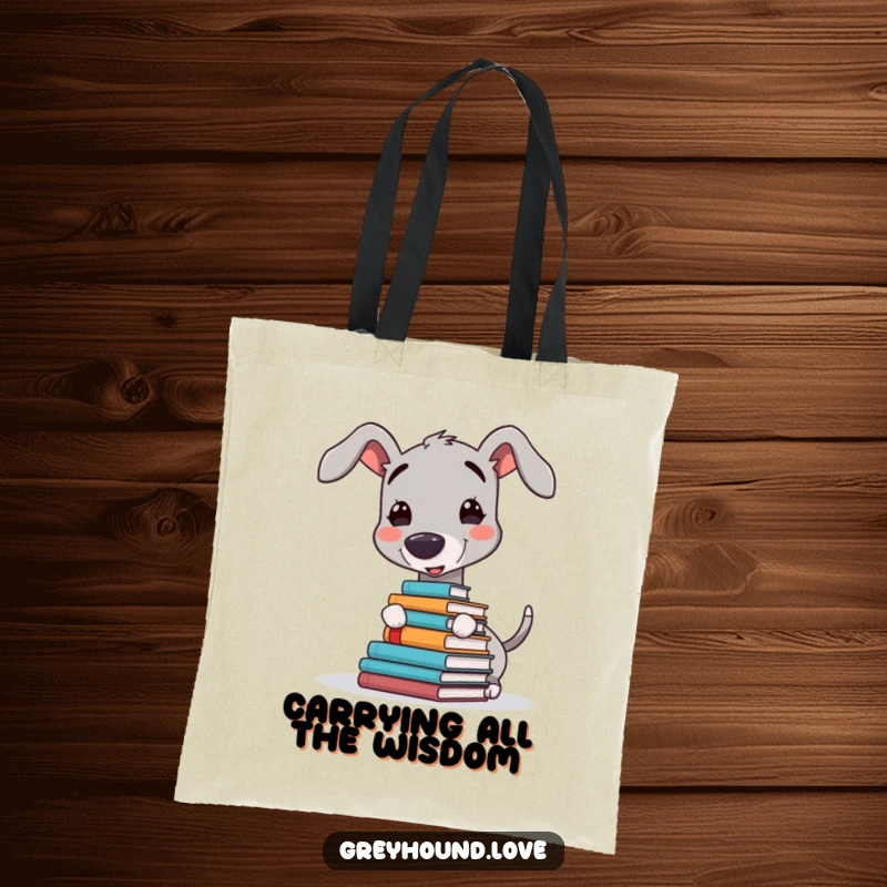 Funny tote bag featuring a charming greyhound character balancing a stack of books precariously on its nose, a delightful accessory.