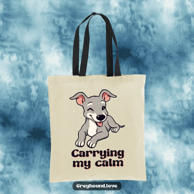 Funny tote bag with a stylized greyhound stretching languidly with a contented smile, perfect for carrying daily essentials with ease.